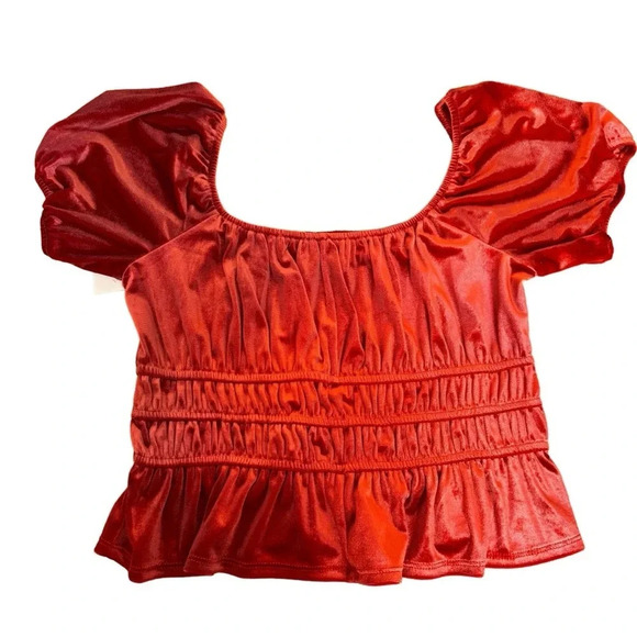 Row-a Orange Crop Top Smocked Velour Short Sleeve Tee Crew Neck Women’s sz M NWT - Picture 1 of 7